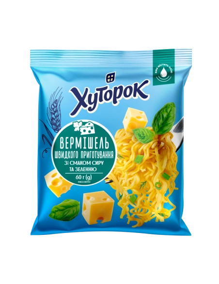 Вермішель швидкого приготування зі смаком сиру та зеленню ТМ "Хуторок" 60г.