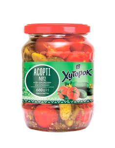 Ассорті маринованих огірків і помідорів ТМ Хуторок 680г