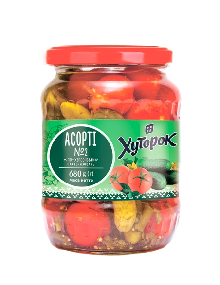 Ассорті маринованих огірків і помідорів ТМ Хуторок 680г